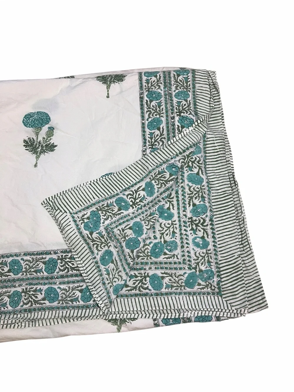Block Print Cotton Coverlet Bedspread 108” x 98” White Turquoise Floral Marigold